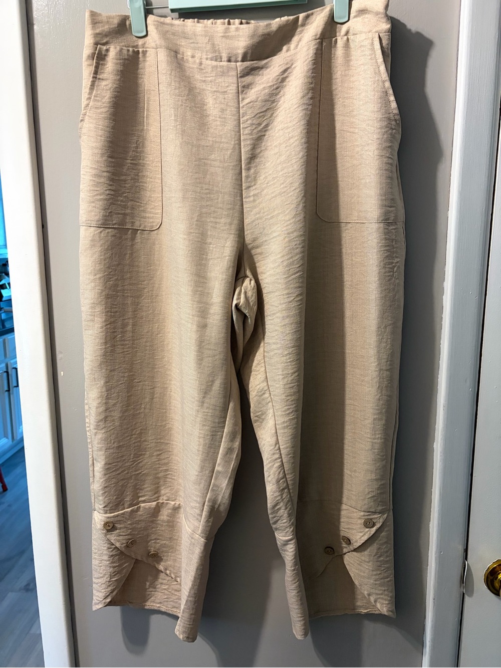 Beige Woman’s Casual Pants with Hem Button Tabs Elastic and Zipper Waist